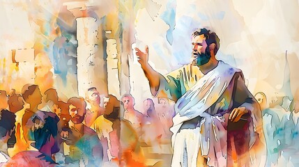 Apostle Paul Preaching with Vibrant Watercolor in Ephesus Symbolizing Boldness and Perseverance in Proclaiming the Gospel, Watercolor Biblical Illustration ,copy space , minimalist - obrazy, fototapety, plakaty