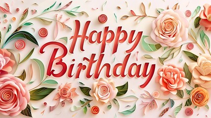 acrylic illustration with Happy Birthday elegantly inscribed in the center, surrounded by delicate roses and petals crafted in the art of paper quilling - obrazy, fototapety, plakaty