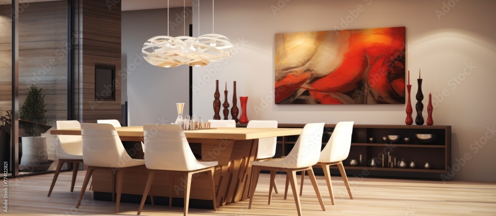 Wall mural The dining area features a wooden table, multiple chairs, and a decorative painting hanging on the wall