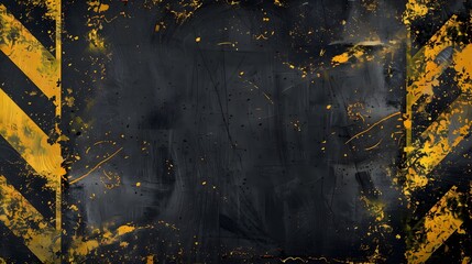 Naklejka premium Dynamic yellow strokes creating grunge border on textured black wall, abstract paint frame featuring yellow diagonal lines against rough black backdrop