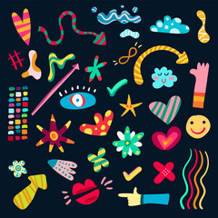 Set of colorful fun icons and abstract shapes