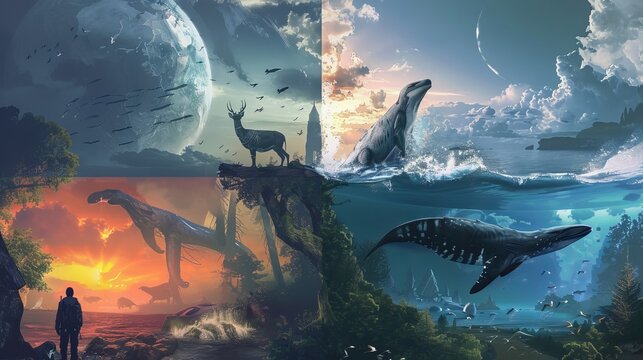 Art showing Earth and animals in various places. Great for topics like Earth, nature, and saving wildlife.