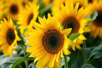 Fototapeta premium Beautiful sunflower field with blooming flowers and lush green leaves in the background