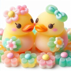 a cute couple Duckling with flowers made of pastel color rainbow gummy candy on a white background