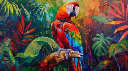 Acrylic painting of a tropical parrot, bright and expressive, among lush jungle foliage, vivid and immersive