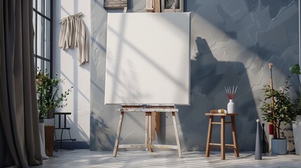 An art studio in a loft with a blank workspace. There's an empty canvas on an easel and a paintbrush on the table.