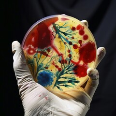 Agar art, with bacteria cultured to depict famous paintings, innovative and colorful, in a gallery of scientific curiosity