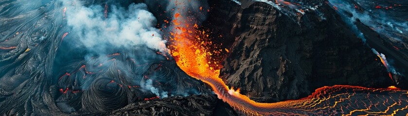 Aerial survey of a volcano eruption, scientific and detailed, showing the geological forces at work, informative and dynamic, in an active zone