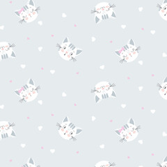 Seamless pattern with cute kittens and hearts