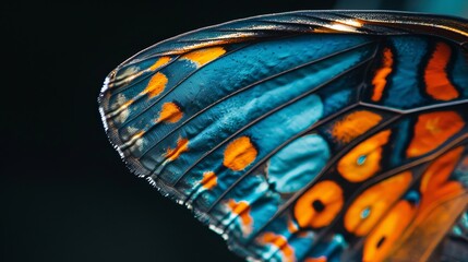 A zoomed-in picture of a butterfly wing. It has blue and orange on its wings and the background is black.
