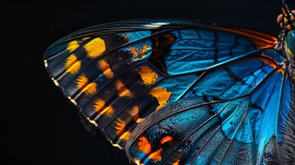 A zoomed-in picture of a butterfly wing. It has blue and orange on its wings and the background is black.