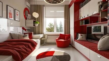 Modern children room interior with red furniture --ar 16:9 --v 6.0 - Image #4 @kashif320