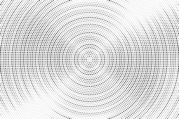 Fototapeta na wymiar Radial halftone gradient background. Dotted concentric texture with fading effect. Black and white circle shade wallpaper. Grunge rough vector. Monochrome backdrop. Vector illustration.