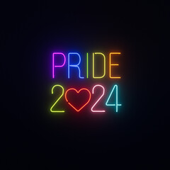 Pride 2024. Glowing neon inscription on a reflected background. 3D rendering. 