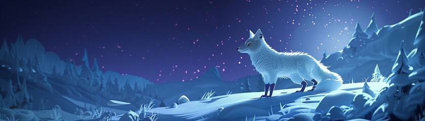 Arctic fox, stylized illustration, winter scene, playful and curious in a frosty, moonlit environment , cinematic