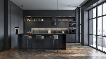 Modern gray kitchen with dark wooden details in contemporary luxury apartment with parquet floor,...