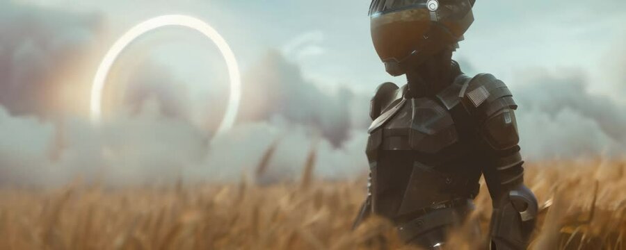 Portrait of steampunk girl wearing a helmet standing in a wheat field with motorcycle dusty light circle background. Anamorphic 4K