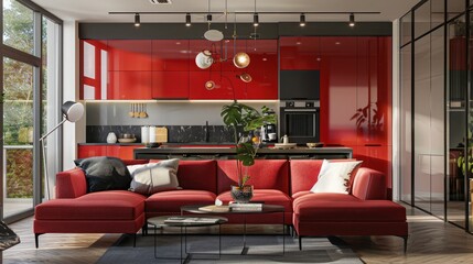 Modern interior of living room united with red kitchen in scandinavian style. 3d rendering.