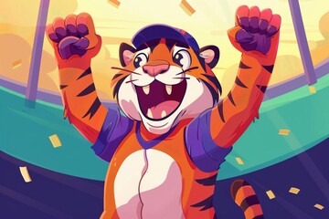 Baseball fan tiger, cartoon character, enthusiastic and lively, cheering in the stands of an exciting game , Bright and Airy