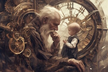 Timeless Connection: Child and Old Man Merged with Vintage Clock Hands, Symbolizing the Union of...