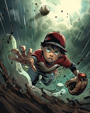 Baseball shortstop, cartoon character, powerful build, diving for a ball in a dramatic infield environment , Dark and Moody