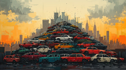 A vibrant stylized illustration depicting a mountain of discarded cars stacked haphazardly - obrazy, fototapety, plakaty