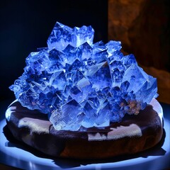 Benitoite, vibrant blue crystals displayed elegantly on a velvet cushion, rare and luminous, in a softly lit showcase
