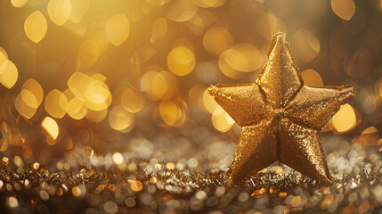 Close-up shot of a single metallic gold star-shaped balloon with the focus on the intricate details...