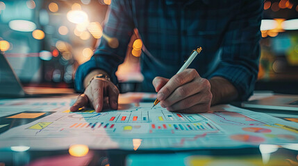 Obraz premium Close-up of hands sketching out business models and innovative ideas on a clear illuminated drafting table