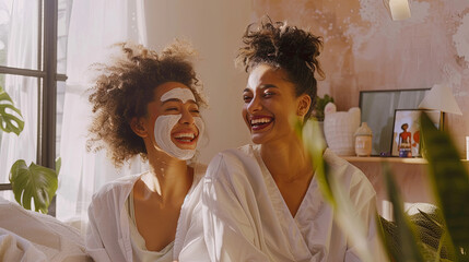 Dynamic angle capturing both friends laughing together with skincare masks the room around them a blend of stylish decor and personal mementos
