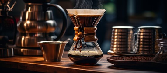 An up-close view of a coffee maker alongside a freshly brewed cup of coffee - obrazy, fototapety, plakaty