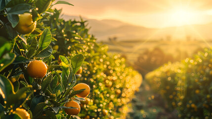 High-resolution photo capturing the vast expanse of an orange farm at sunrise rows of orange trees...