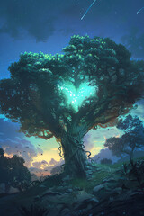 Obraz premium A giant tree with a glowing heart