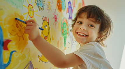 Lifelike photo of a child with a broad smile crayon in hand - obrazy, fototapety, plakaty