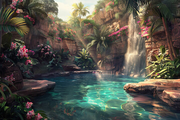 Artistic illustration of a secluded luxury pool with waterfalls and exotic flowers imagined in a hidden paradise setting