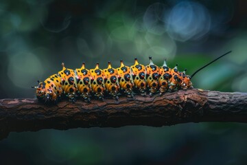 Caterpillar on a branch, showing its vibrant patterns and textures, curious and slowmoving in a forest setting