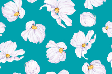 Seamless pattern of cosmos flowers, blooming flower with watercolor.Designed for fabric and wallpaper, vintage style.Hand drawn floral pattern.Botany background.