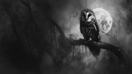 Charcoal sketch of a nocturnal bird, like an owl, mysterious and intense, perched silently in a moonlit forest scene