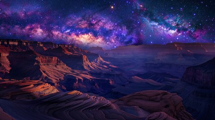 Deep canyon with layers of history exposed in the sandstone strata, a vivid timeline of geological events under a starfilled sky - obrazy, fototapety, plakaty