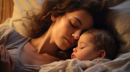 Obraz na płótnie Canvas Side view of beautiful young mom and her cute little baby sleeping in bed at home