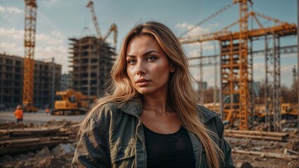 A beautiful girl in a jacket and jeans posing on the construction site, International Worker's day, Labour Day, Health & safety at work - obrazy, fototapety, plakaty