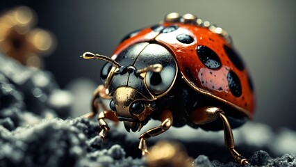 Steampunk ladybug with golden applications - generative ai - obrazy, fototapety, plakaty