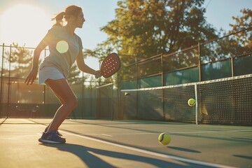 Young woman playing pickle ball at the outdoor pickle ball court