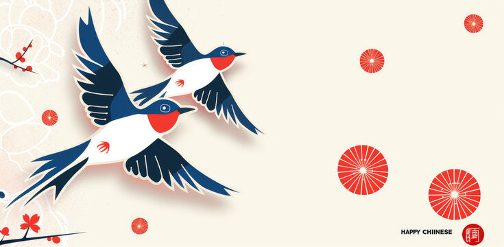 Two flying swallows, a simple color block illustrated style, a traditional Chinese New Year poster with the words "HAPPY NEW YEAR"