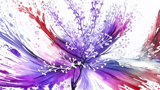 Lilac watercolor ink splash on white background. Splash of paint turning into plants and flowers. Animation with zoom effect. High quality 4k footage