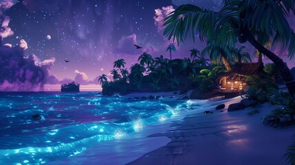 Island cove, with luminescent waves crashing against the shore, secluded and dreamy, in a nocturnal setting , featuring hyper-detailed