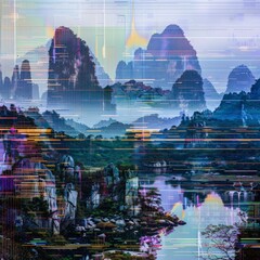 Landscape photo transformed with glitch artifacts, creating surreal and distorted views, in a hightech visual exhibition