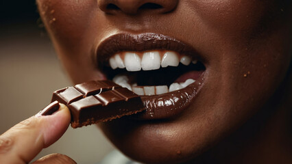 A young african woman eating a chocolate bar. Close-up of beautiful female lips with chocolate - obrazy, fototapety, plakaty