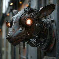 An animal robot head mounted on a wall, its electronic eyes following passersby, recounting tales of the wild in a mechanical voice