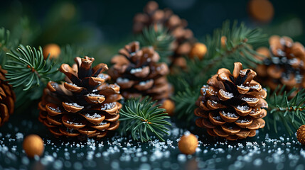 Pine cones and fir branches on a dark background with scattered snowflakes, evoking a cozy winter atmosphere.